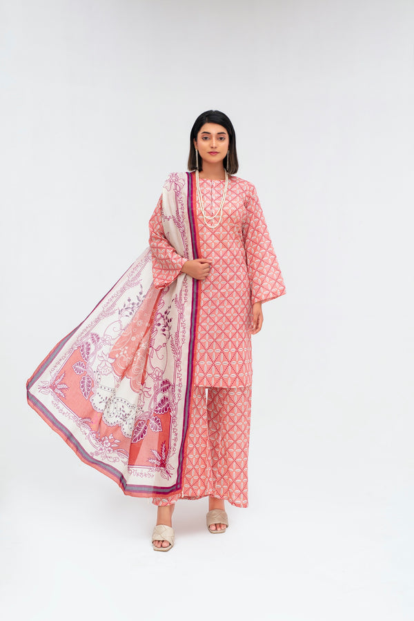 Fiza Noor Printed Lawn 3-Piece Unstitched Summer Suit – Design A-02 | Shirt, Dupatta & Trouser