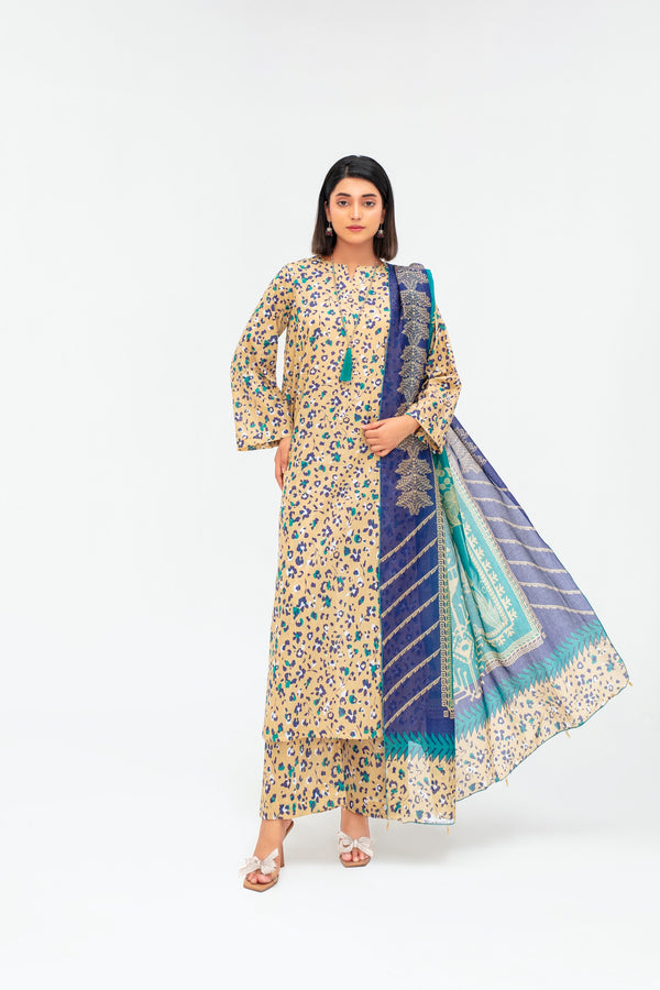 Fiza Noor Printed Lawn 3-Piece Unstitched Summer Suit – Design A-02 | Shirt, Dupatta & Trouser