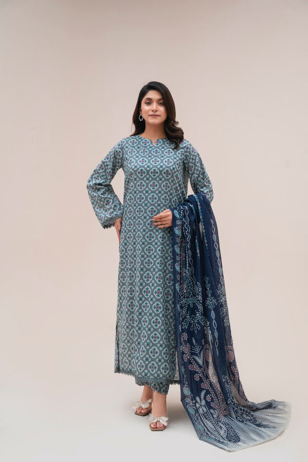 Fiza Noor Printed Lawn 3-Piece Unstitched Summer Suit – Design A-02 | Shirt, Dupatta & Trouser