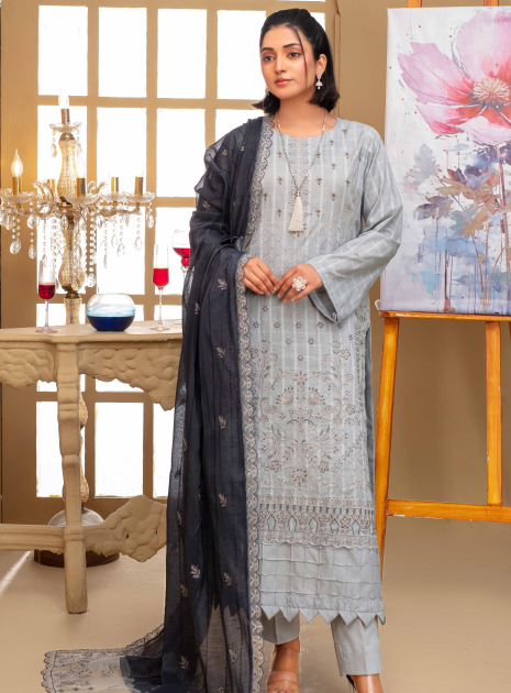 Unstitched Premium Embroidered Lawn Suit – 3 Piece