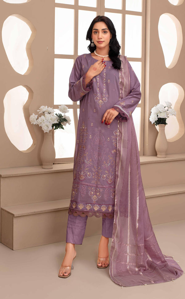 Fiza Noor – Dyed Base Embroidered Lawn Suit with Dupatta & Cambric Trouser (3-Piece Set)