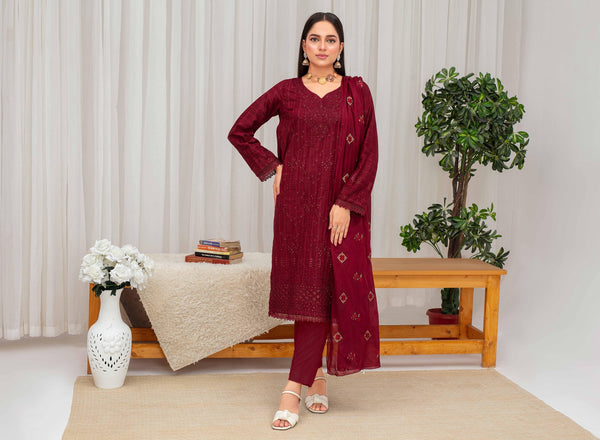 Fiza Noor – Dyed Base Embroidered Lawn Suit with Dupatta & Cambric Trouser (3-Piece Set) D6 d –01