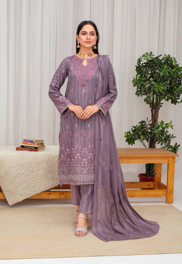 Fiza Noor – Dyed Base Embroidered Lawn Suit with Dupatta & Cambric Trouser (3-Piece Set) D6 d –08