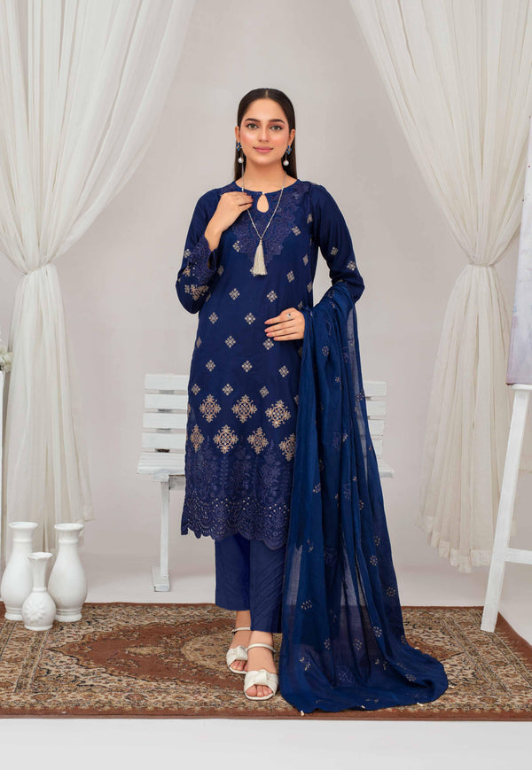 Fiza Noor – Dyed Base Embroidered Lawn Suit with Dupatta & Cambric Trouser (3-Piece Set) D6 d –10