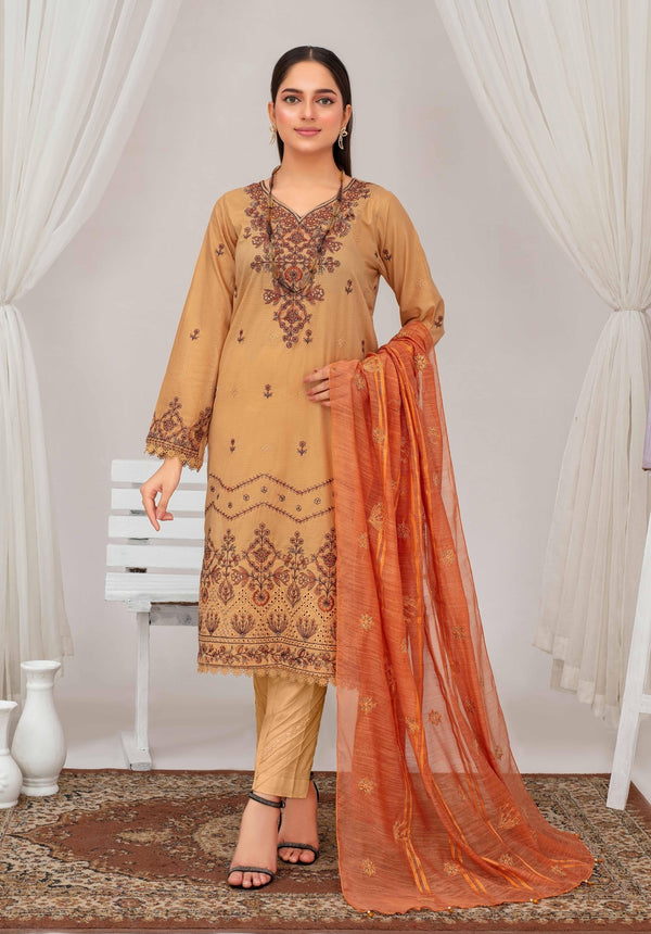 Fiza Noor – Dyed Base Embroidered Lawn Suit with Dupatta & Cambric Trouser (3-Piece Set) D6 d –11