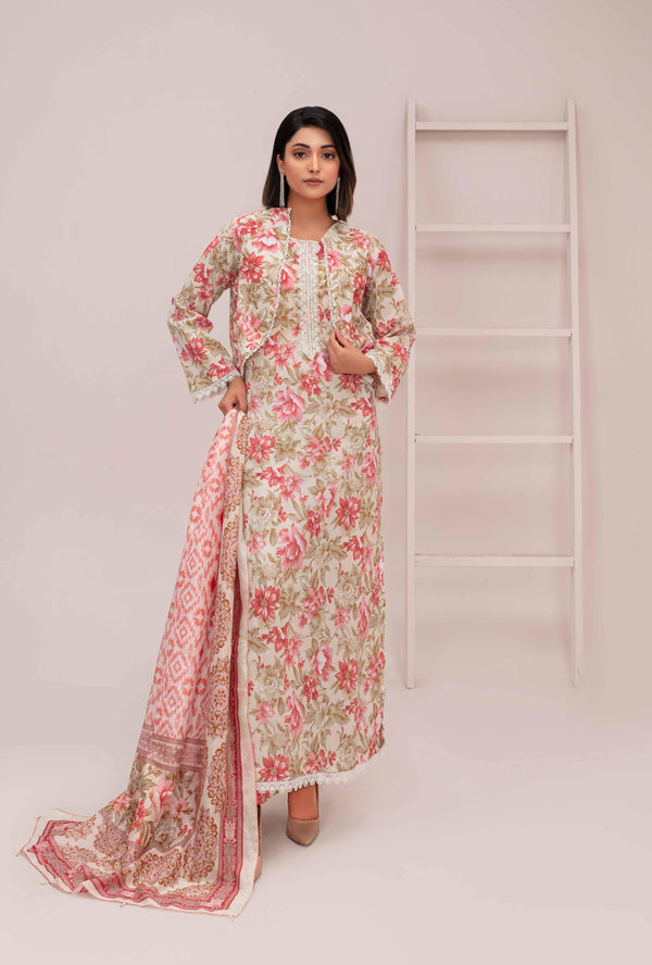 Fiza Noor Printed Lawn 3-Piece Unstitched Summer Suit – Design A-01 | Shirt, Dupatta & Trouser