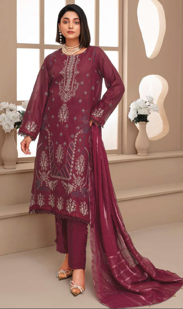 Unstitched Premium Embroidered Lawn Suit – 3 Piece